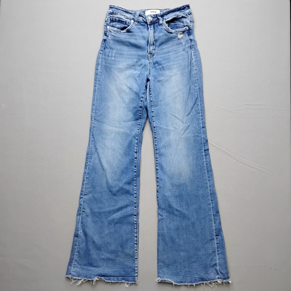 Mica Denim Womens High Rise Wide Leg Jeans Blue Distressed Raw Hem Size 28